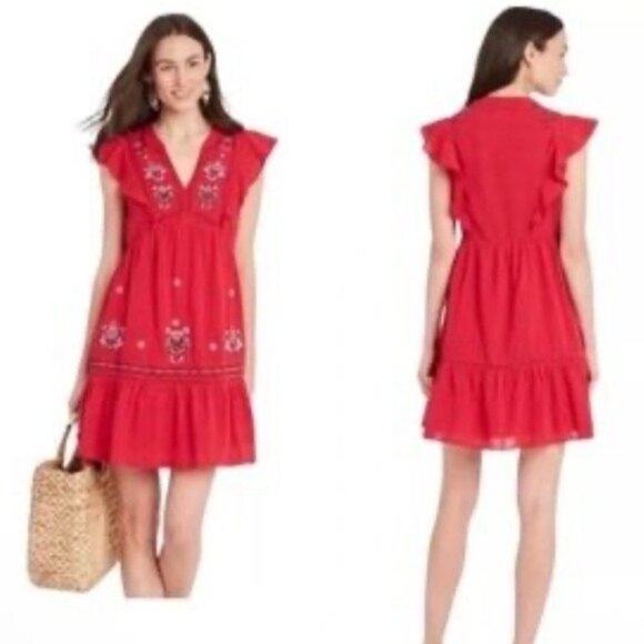 Knox Rose Bonfire Deep V Empire Waist Embroidered Midi Dress Red Size Large - Picture 1 of 14